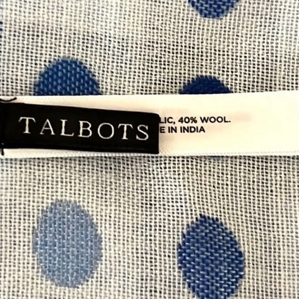 NWT TALBOTS Wool Blend Blue White Polka Dot Check Fringe Trim Wrap Scarf